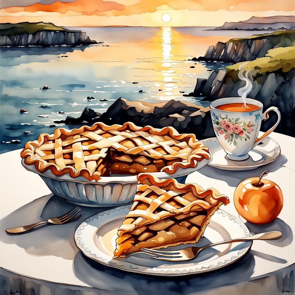 Perfect Apple Pie at Golden Hour, Watercolor Style