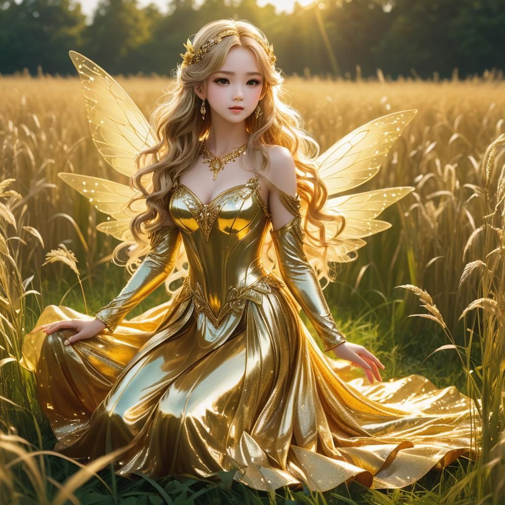 Golden Fairy in Field at Night as Anime Art