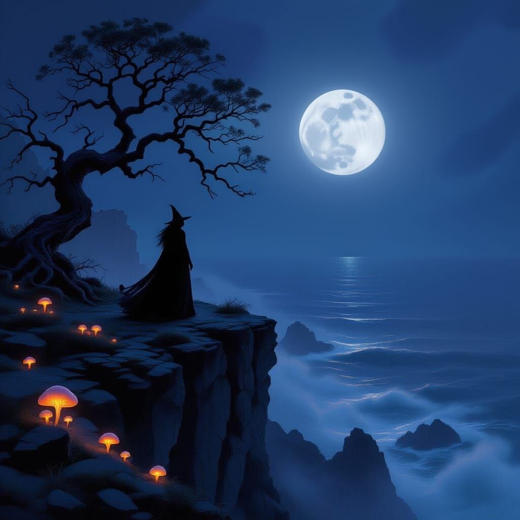 Witch on Windswept Cliff Overlooking Stormy Sea