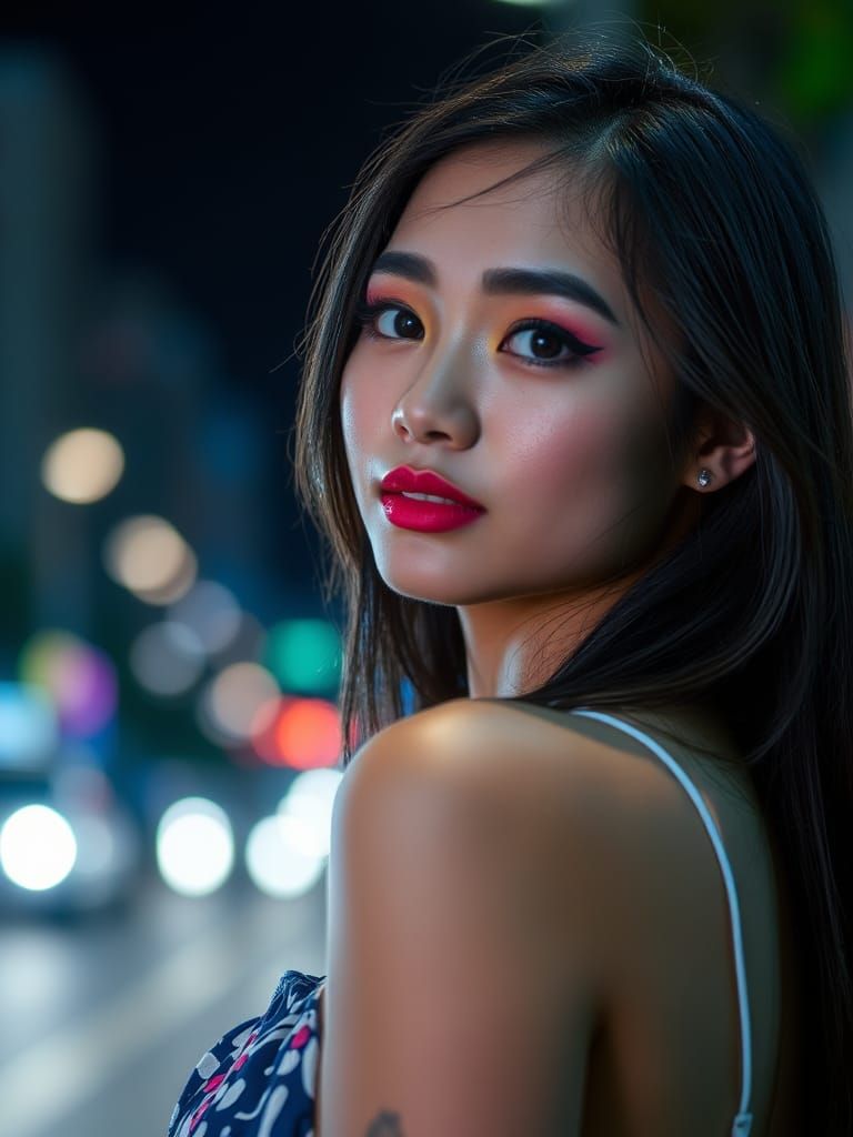 Philippine Woman in Scenic Makeup, Night City Lights