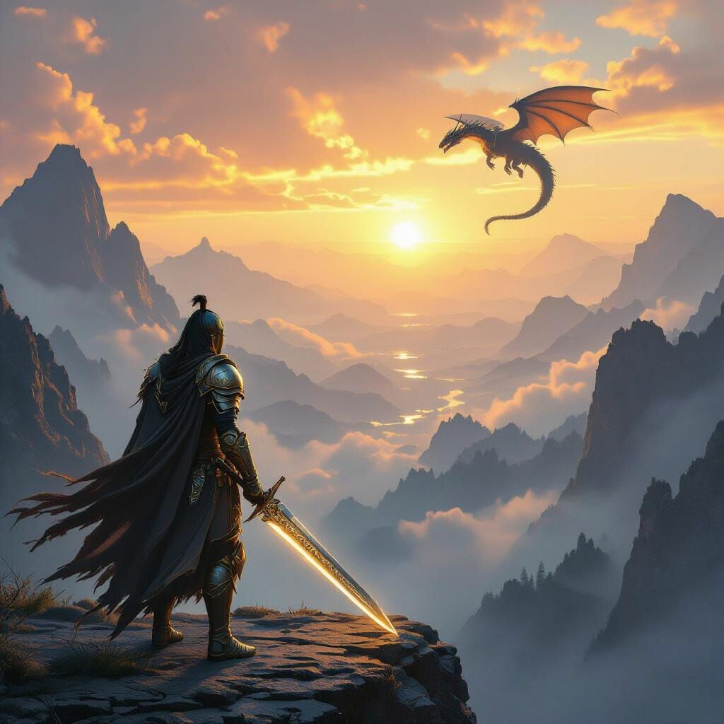 Warrior on Cliff at Sunrise Overlooking Mountains in Dramati...