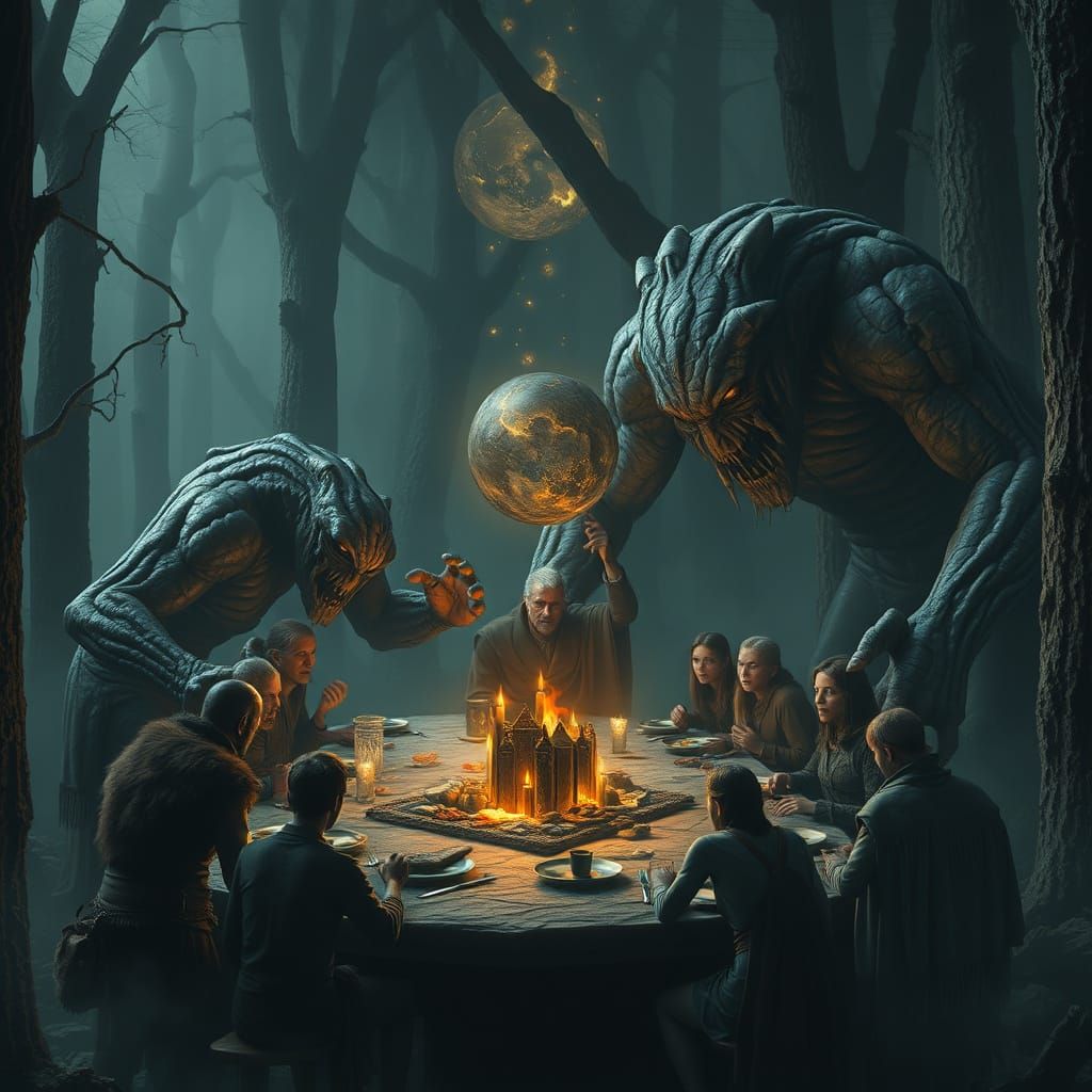 Grotesque Titans and Terrified Humans at Forest Banquet