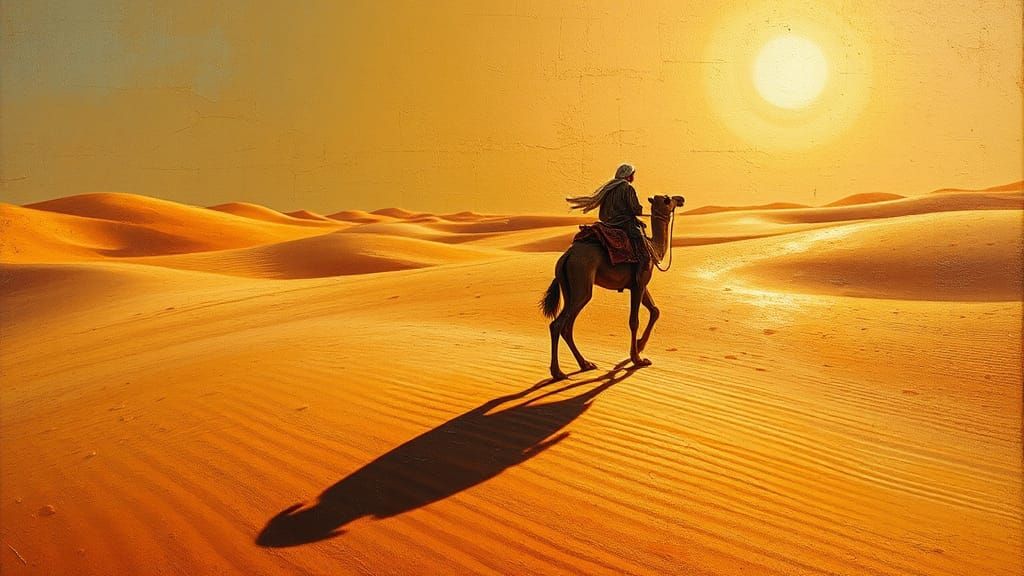 Lone Figure in Desert: Vintage Oil Painting