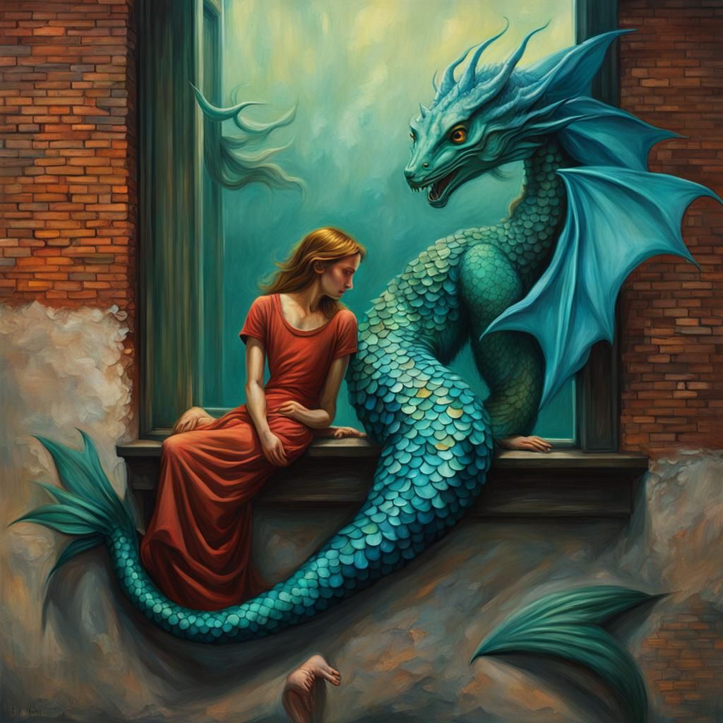 Mermaid and Dragon Love in Hyperrealistic Style