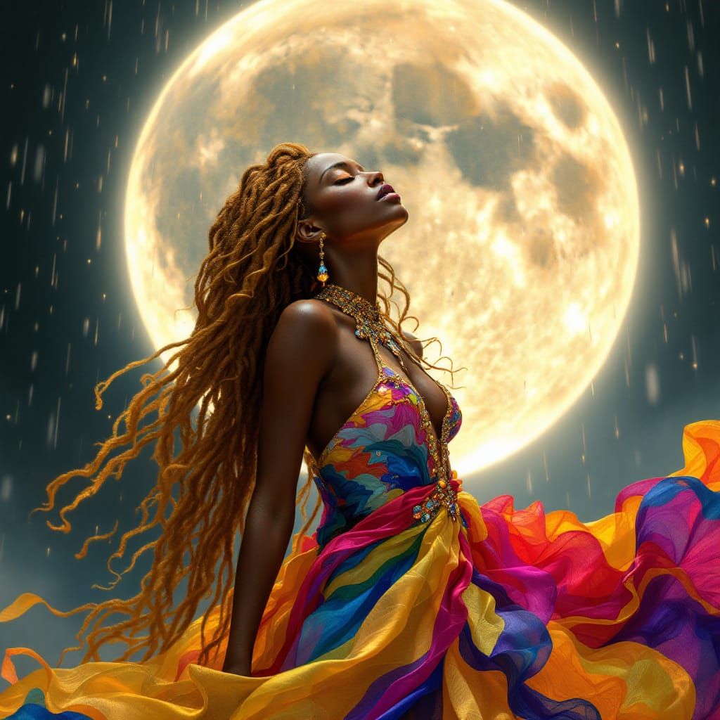 Radiant Black Goddess in Rain, Art Nouveau Style