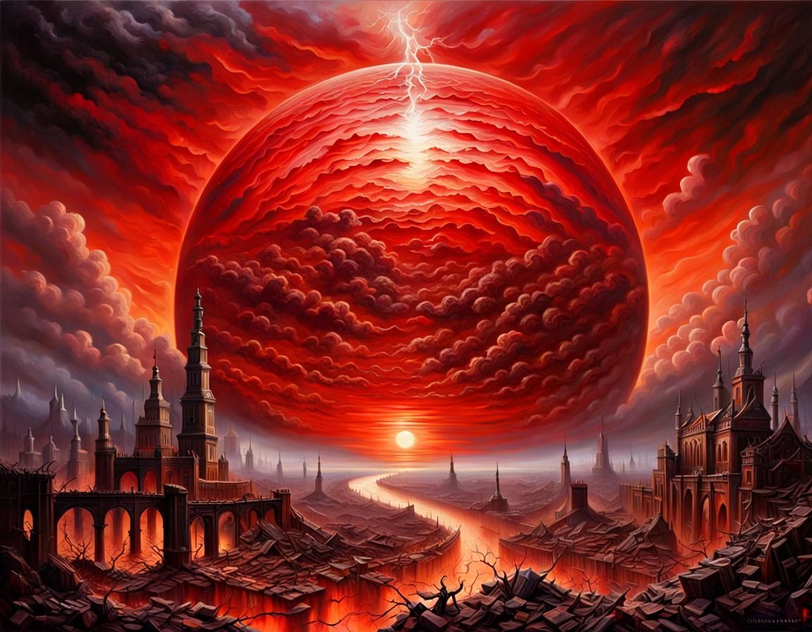 Apocalyptic Red Sun Over Destroyed Earth Oil Painting