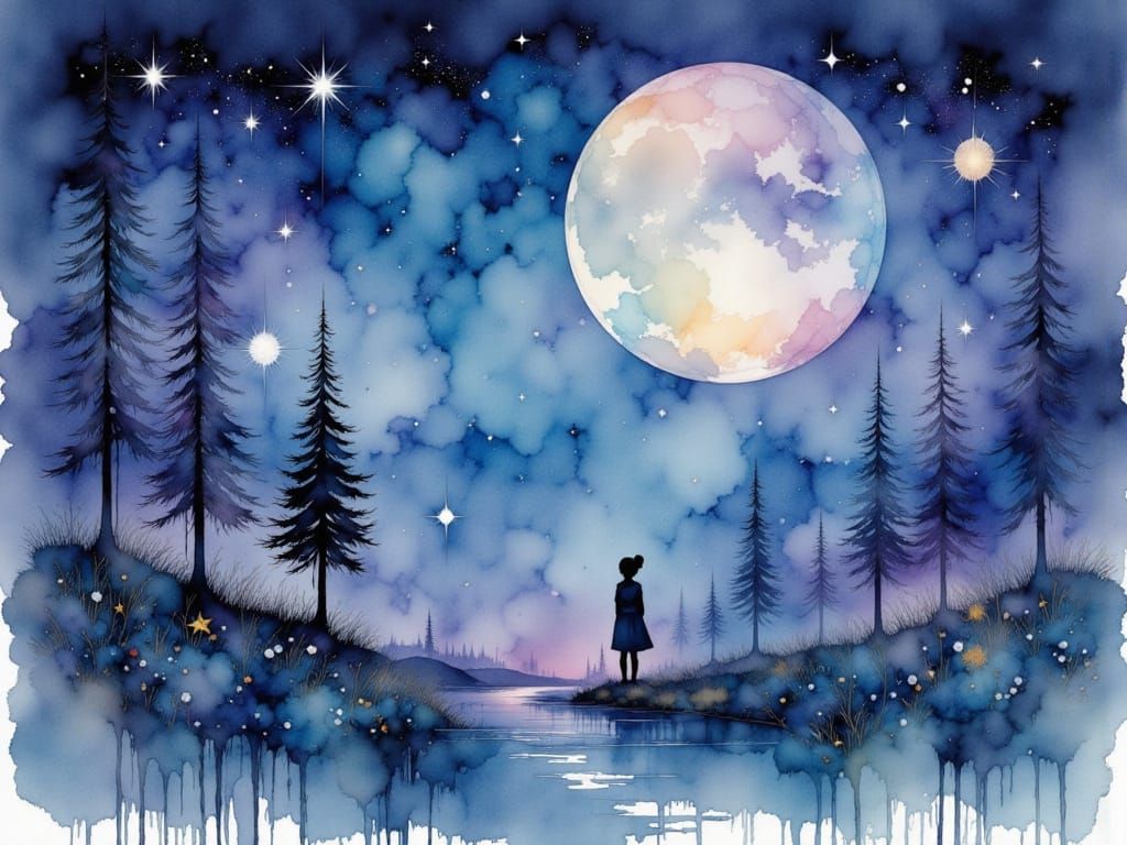 Ethereal Night Scene in Watercolor and Ink