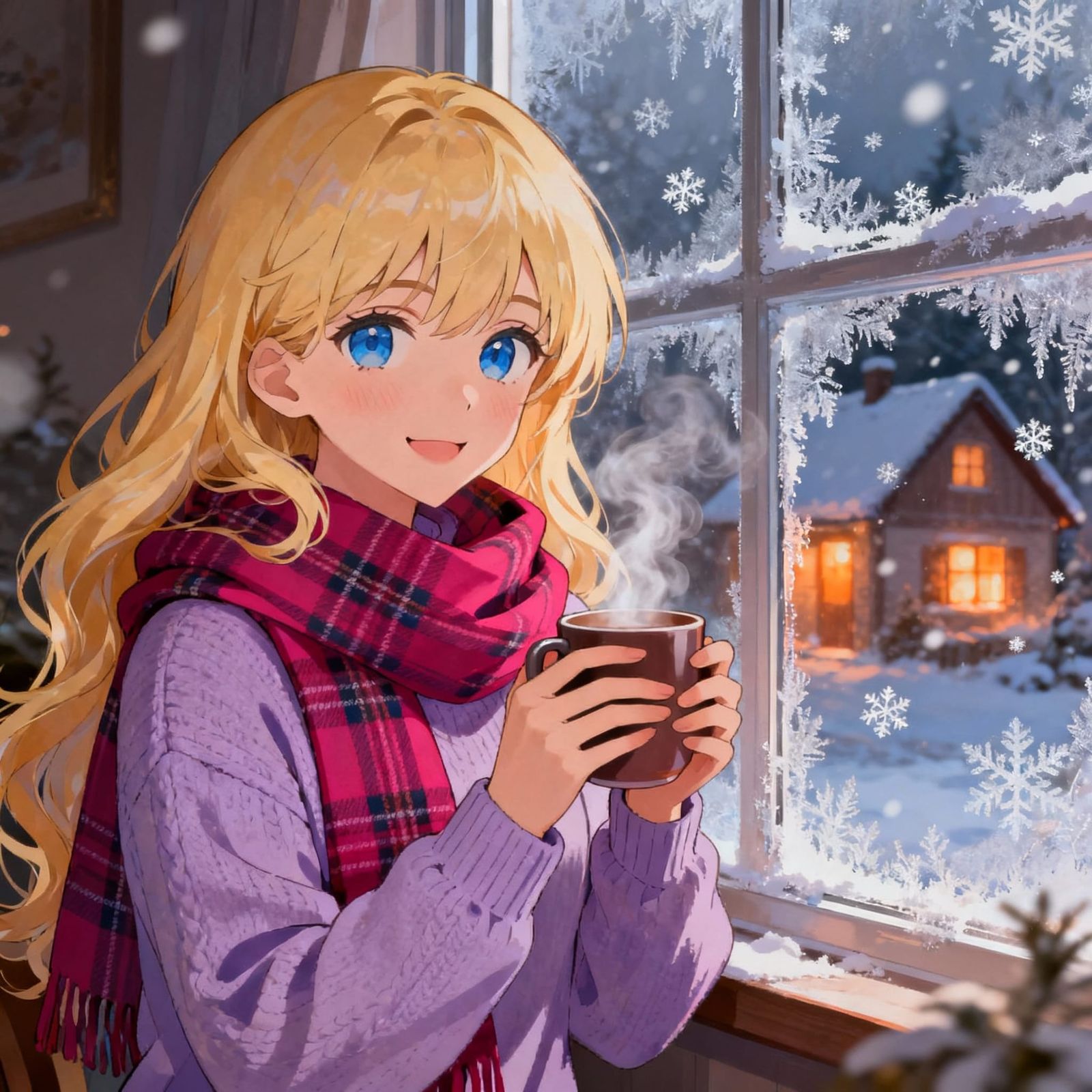Anime Girl With Steaming Mug By Frosty Window