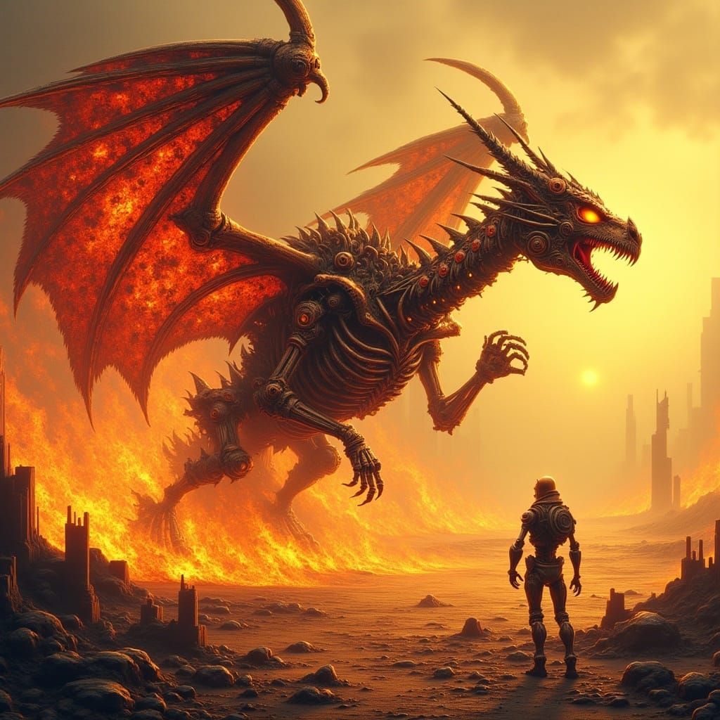 Steampunk Skeleton and Dragon in Psychedelic Desert