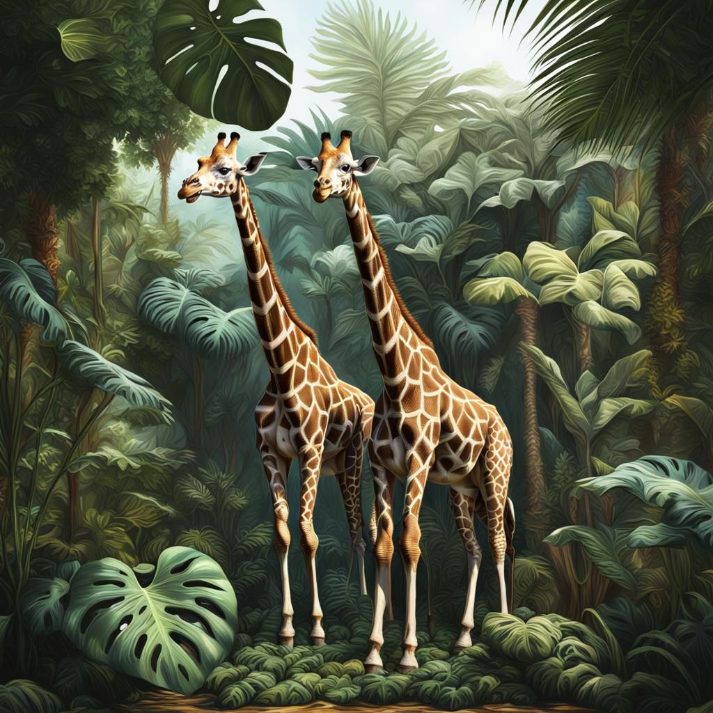 Giraffes in Monstera Leaves: Realistic Detailed Painting