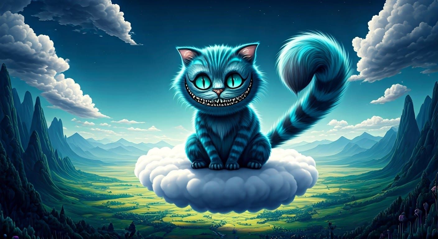 Enigmatic Blue Feline Confronts Whimsical Valley