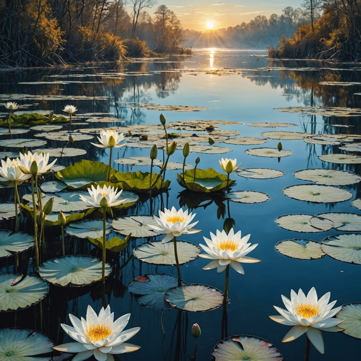 WHITE WATER LILLIES OVER LAKE at Sunrise