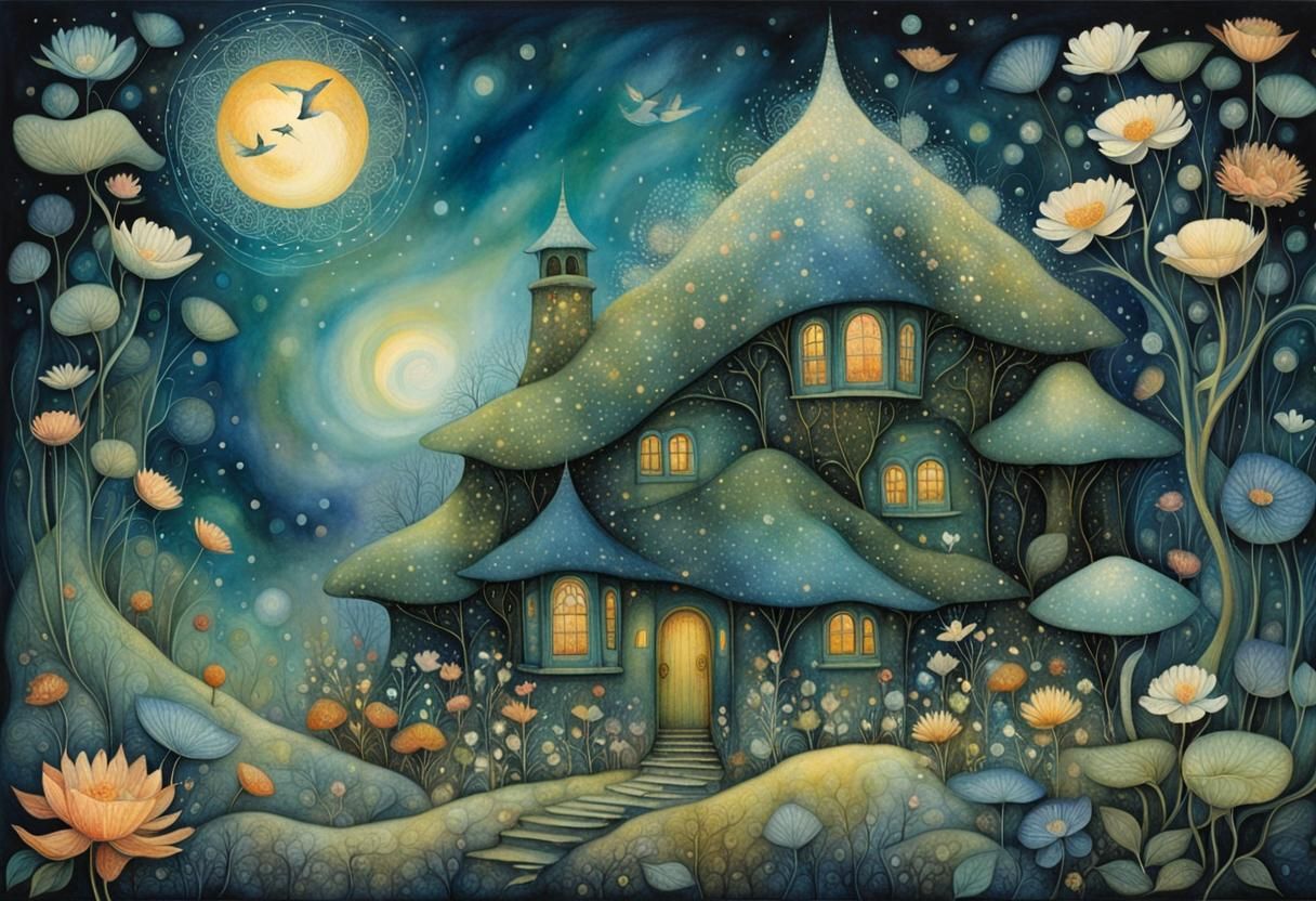 Intricate, Meticulous Surrealist Home Scene in Whimsical Art...