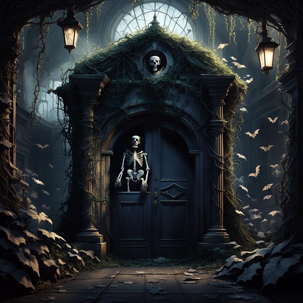 Skeleton Watchman in Haunted Mansion: Dark Fantasy Painting