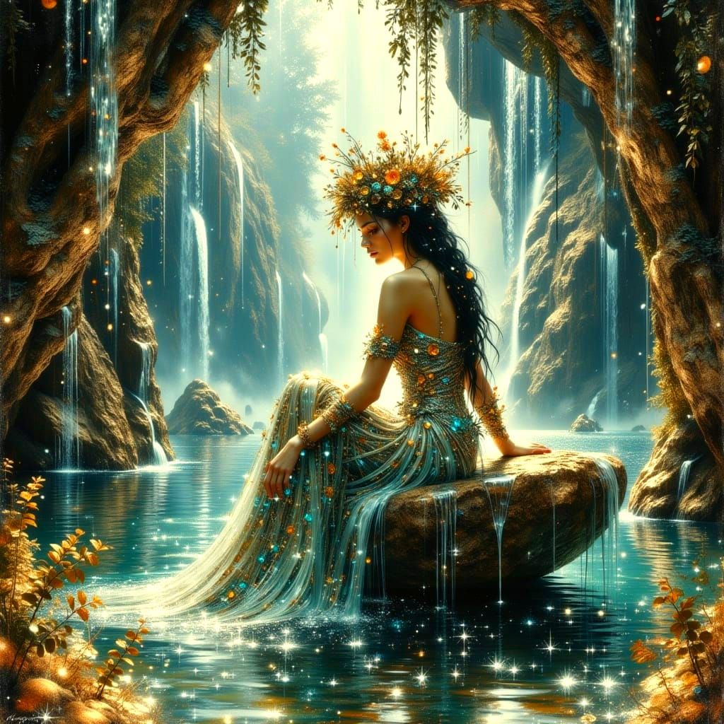 Dryad Queen in Crystal Grotto, Watercolor Style