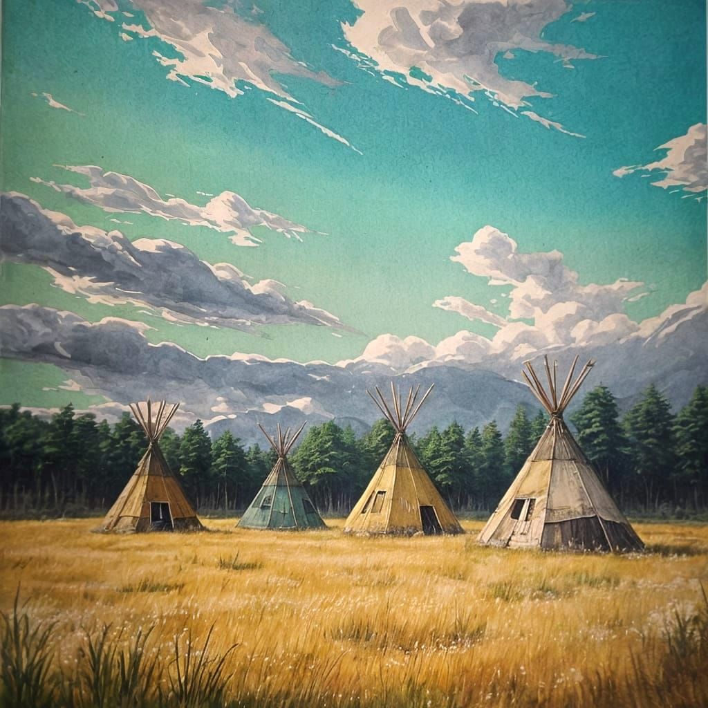 Native American Village: Ink Painting Reverie