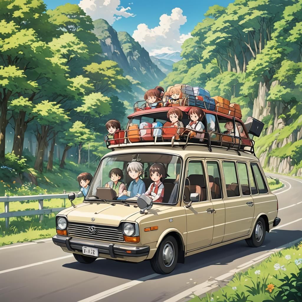 Family Car Road Trip in Anime Style