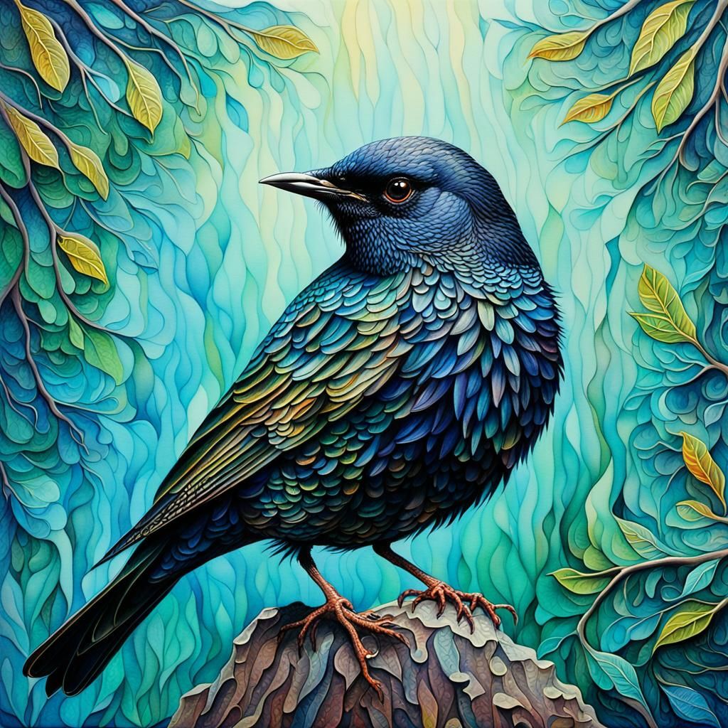 Prismatic Starling in Mixed Media Impressionist Style