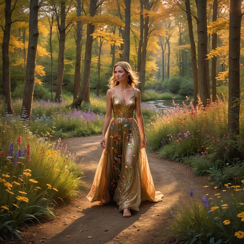 Woman Strolls Through Autumn Forest at Sunset