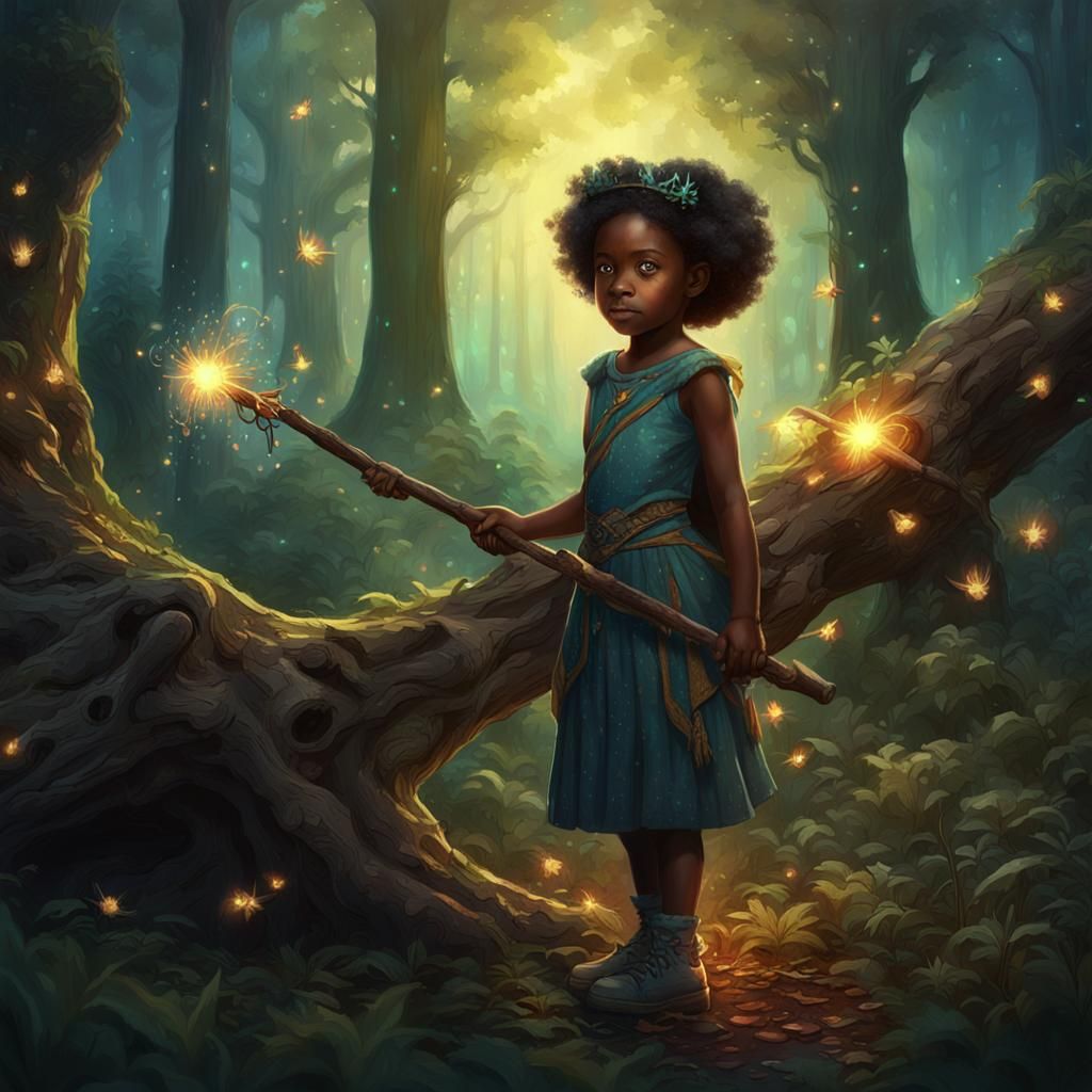 Girl with Magic Staff in Enchanted Forest, Matte Painting