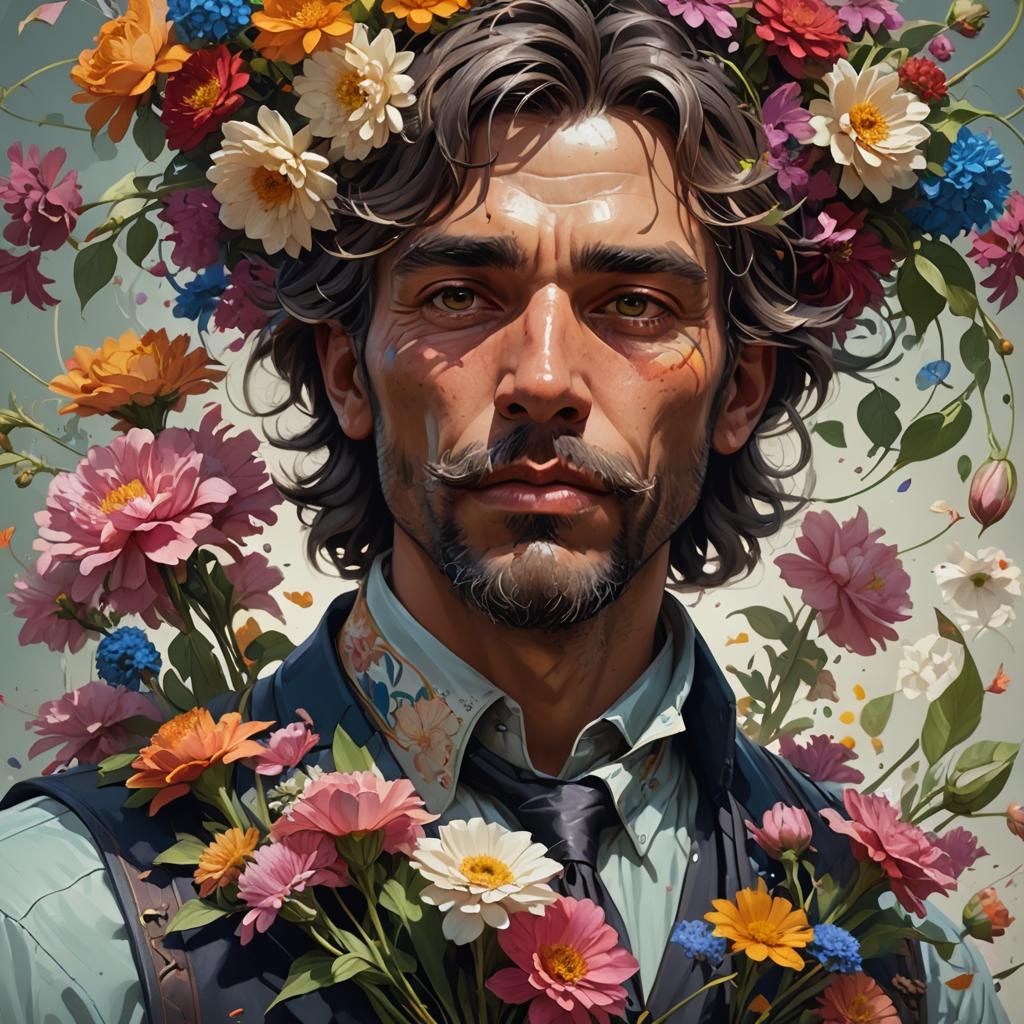 Man with Flowers: Hyperdetailed Portrait