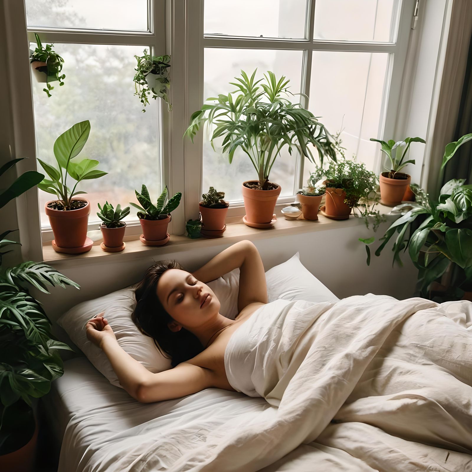Cozy Bedroom Scene with Woman Relaxing