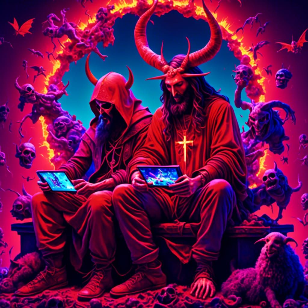 Jesus and Satan Play Video Games in Hyperreal Style