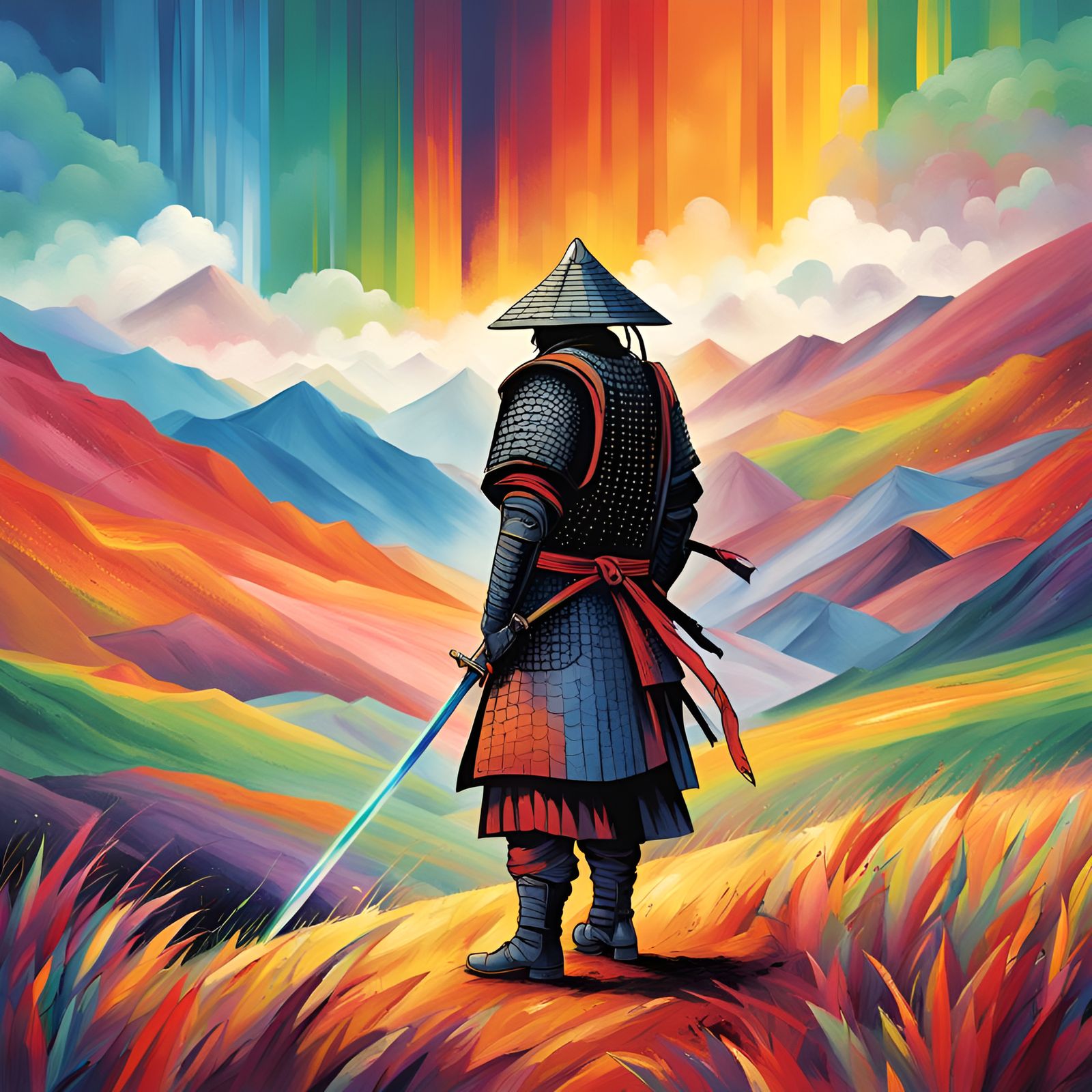 Samurai Warrior with Rainbow Sword in Abstract Valley