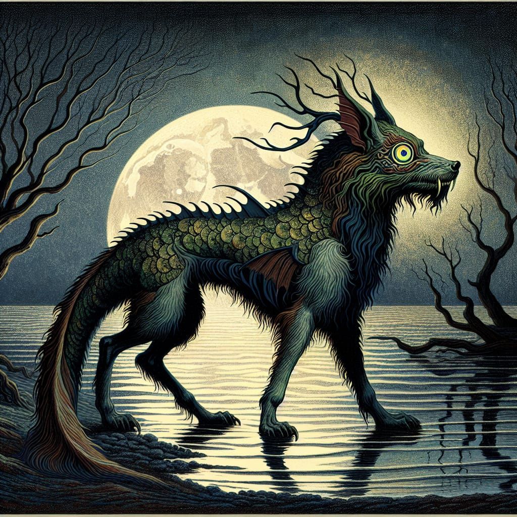 Kelpie-Werewolf Hybrid in Moonlit Lake Scene
