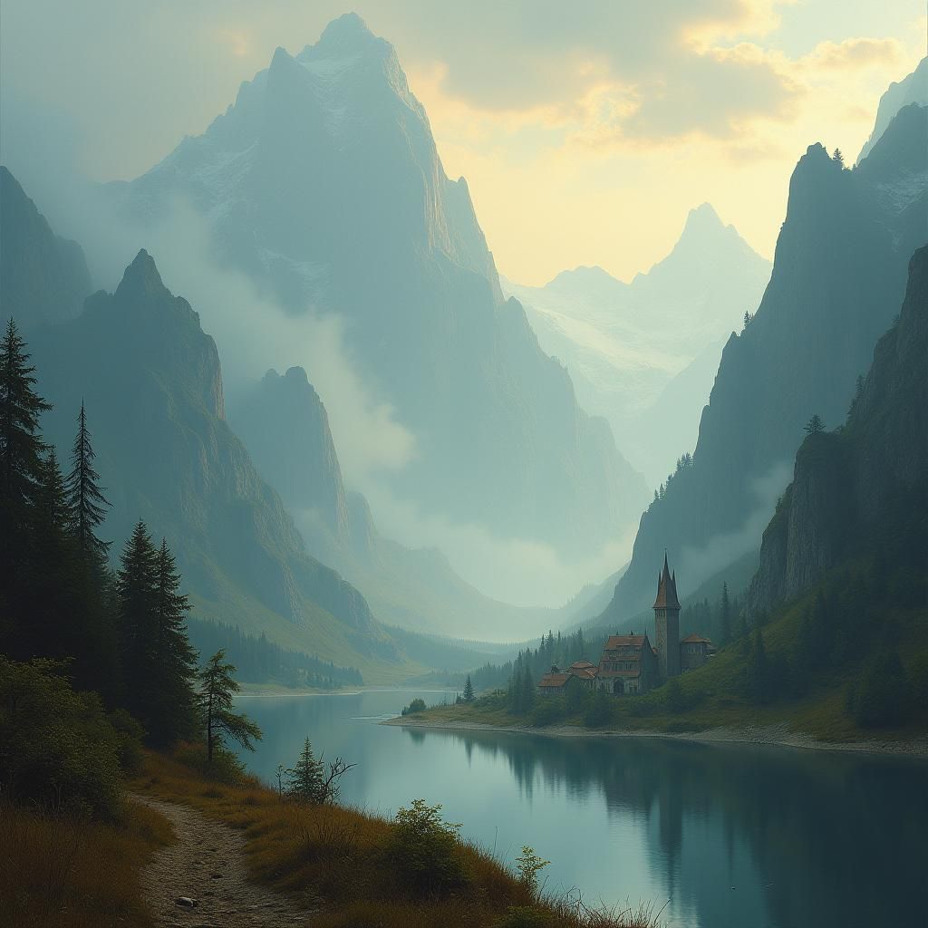 Fantasy Mountain Village with Atmospheric Lighting