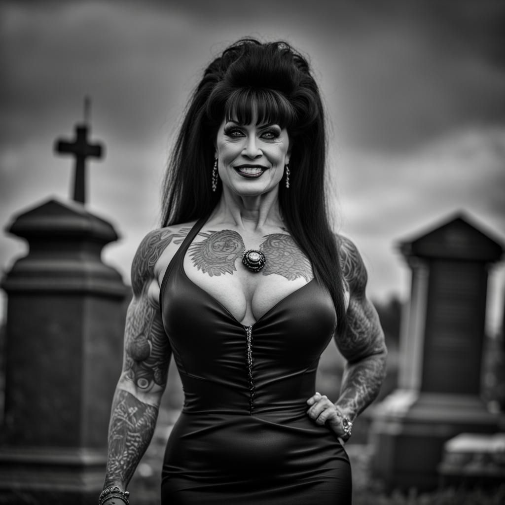 Elvira, Bodybuilder in Graveyard, Professional Photography