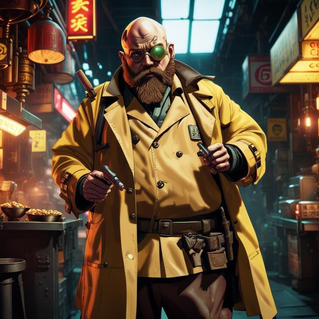 Cyberpunk Dwarf with Revolver in Futuristic Cityscape