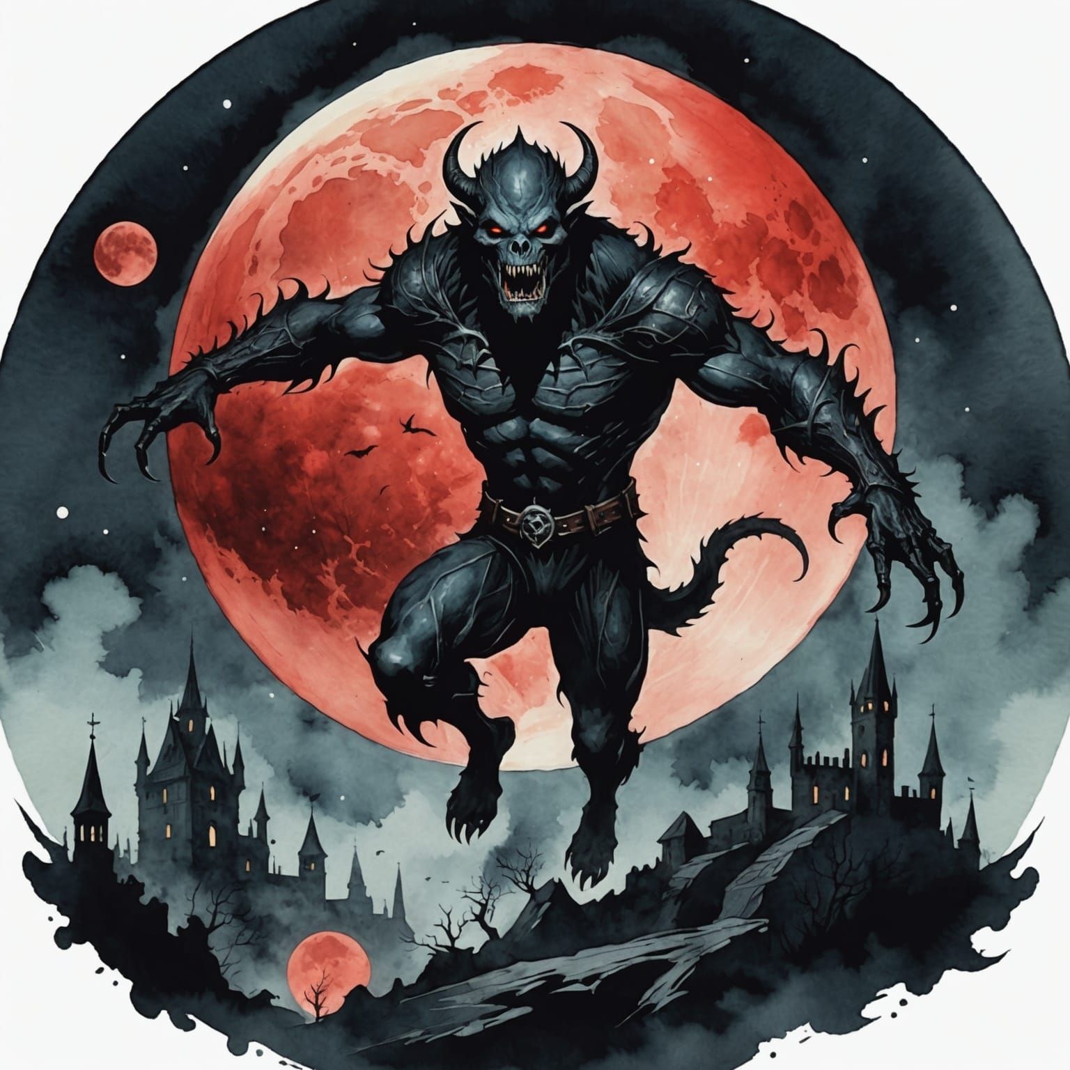 Gothic Monster Leaps Before Blood Moon in Watercolor