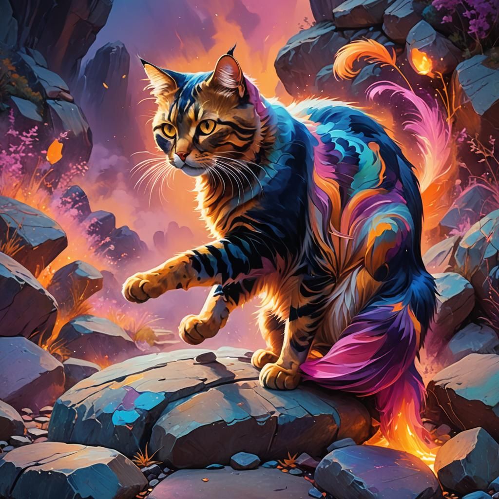 Fantastical Cat Chasing Tail, Fauvist Painting