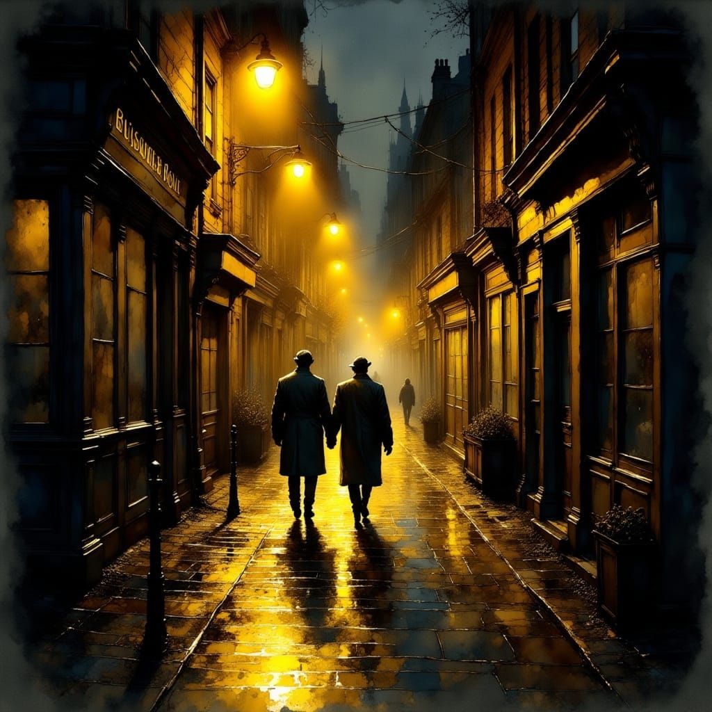 Men Walking on Rainy City Street at Night