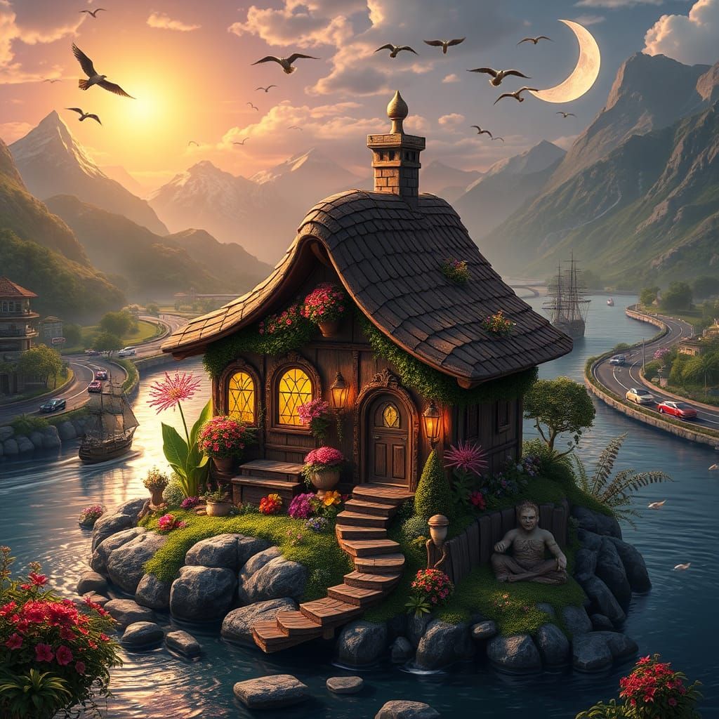 Whimsical Hut on Riverbank: A Matte Painting