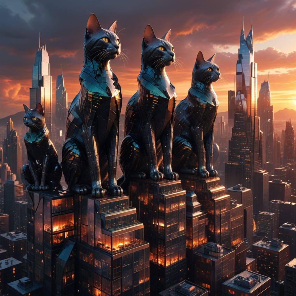 Cat Shaped Skyscrapers with Oil Slick Windows at Sunset