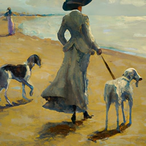 Elegant Lady walking her greyhounds on the beach, like artist Edmund Louis Dupain in Gouache Style, Watercolor, Museum E...