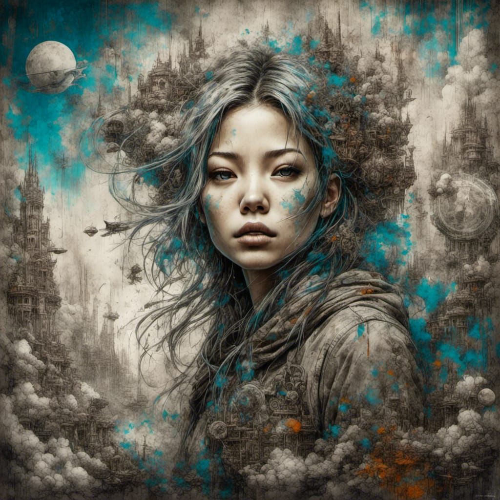 Calming Space Scene with Cloud Animals in Grunge Style