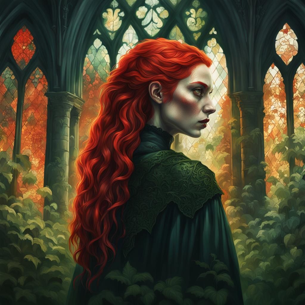 Vampire Woman Portrait in Overgrown Gothic Abbey