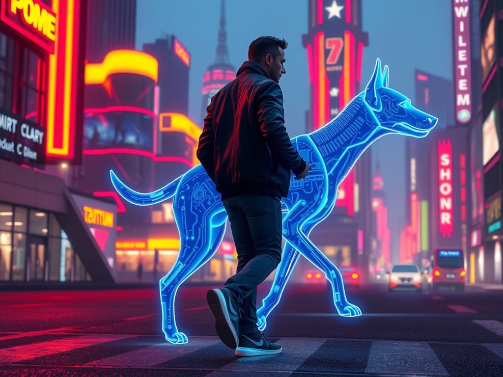 Man and Holographic Dog in Futuristic Cityscape
