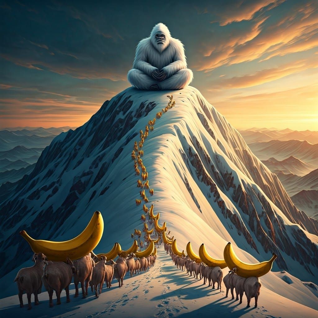 Mountain Goats Offer Bananas to Yeti: Surreal Digital Art