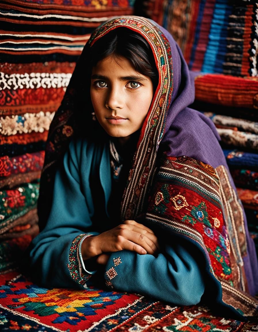 Afghan Girl in Market with Colorful Rugs