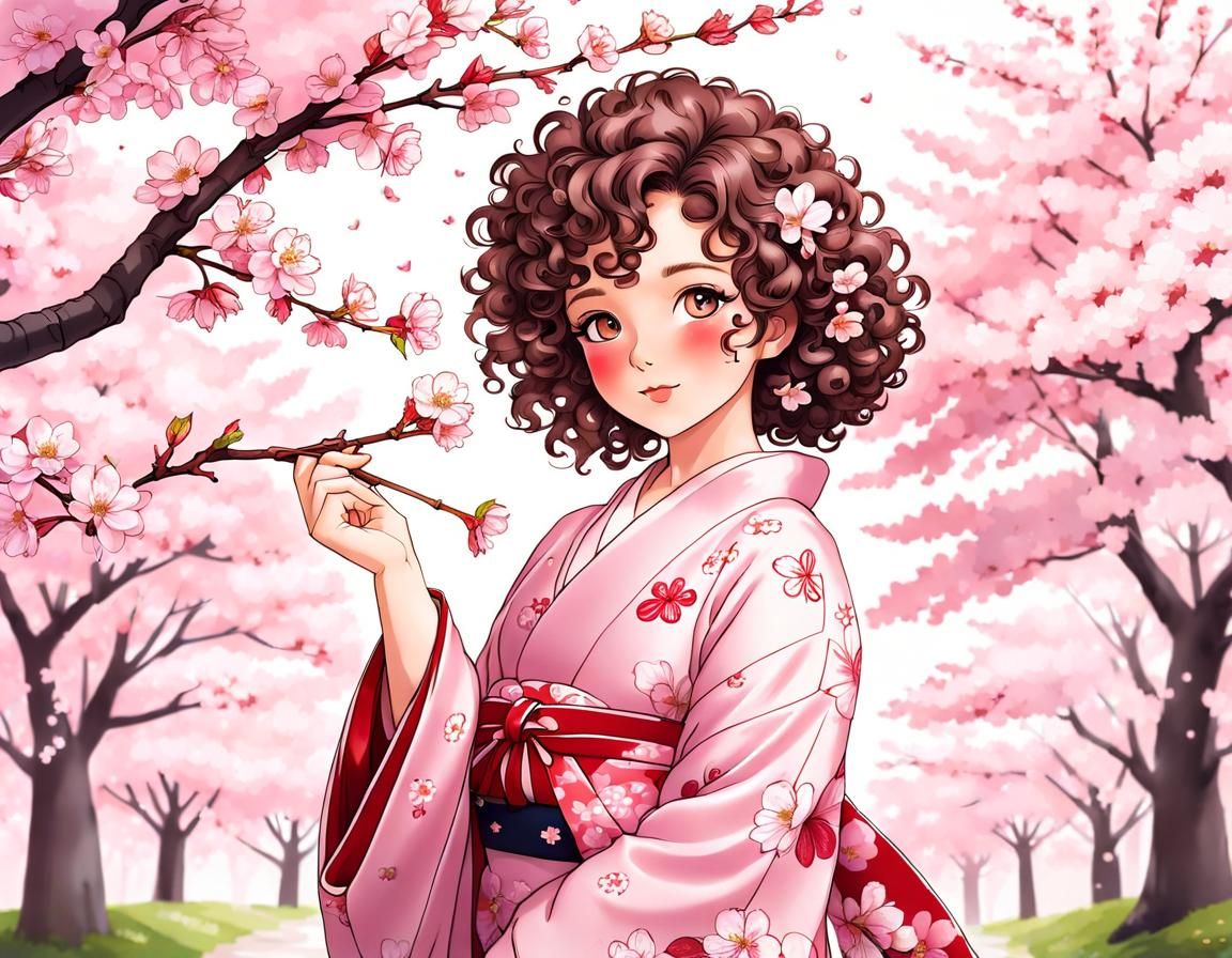 Woman in Kimono with Cherry Blossoms