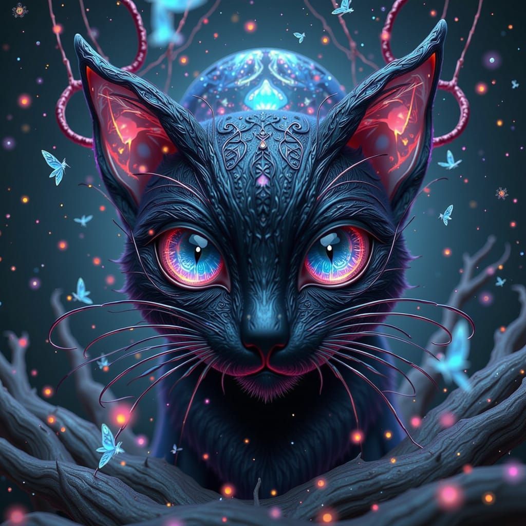 Bioluminescent Cat Amidst Dreamlike Portals