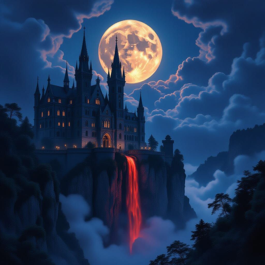 Gothic Castle Waterfall at Night in Detailed Digital Art