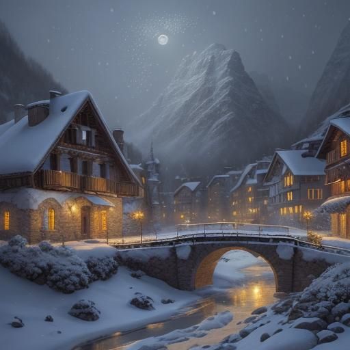 Snowy Italian Alps Village at Night in Oil Painting Style