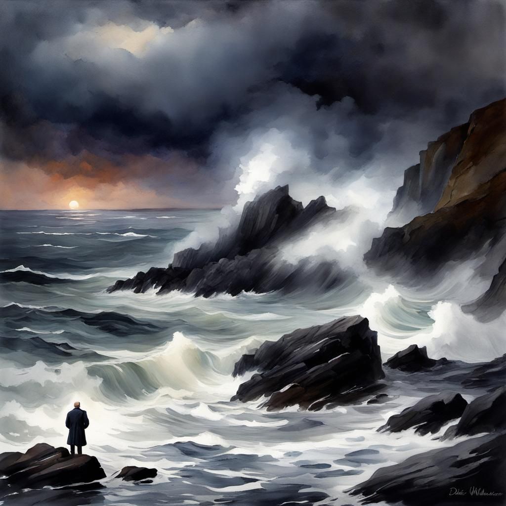 Stormy Seascape with Figure in Digital Watercolor