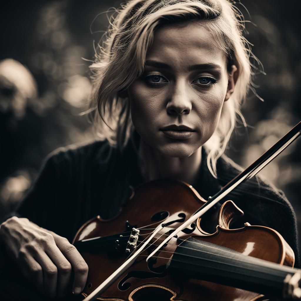 Monochrome Portrait: Woman with Violin and Rock Musicians