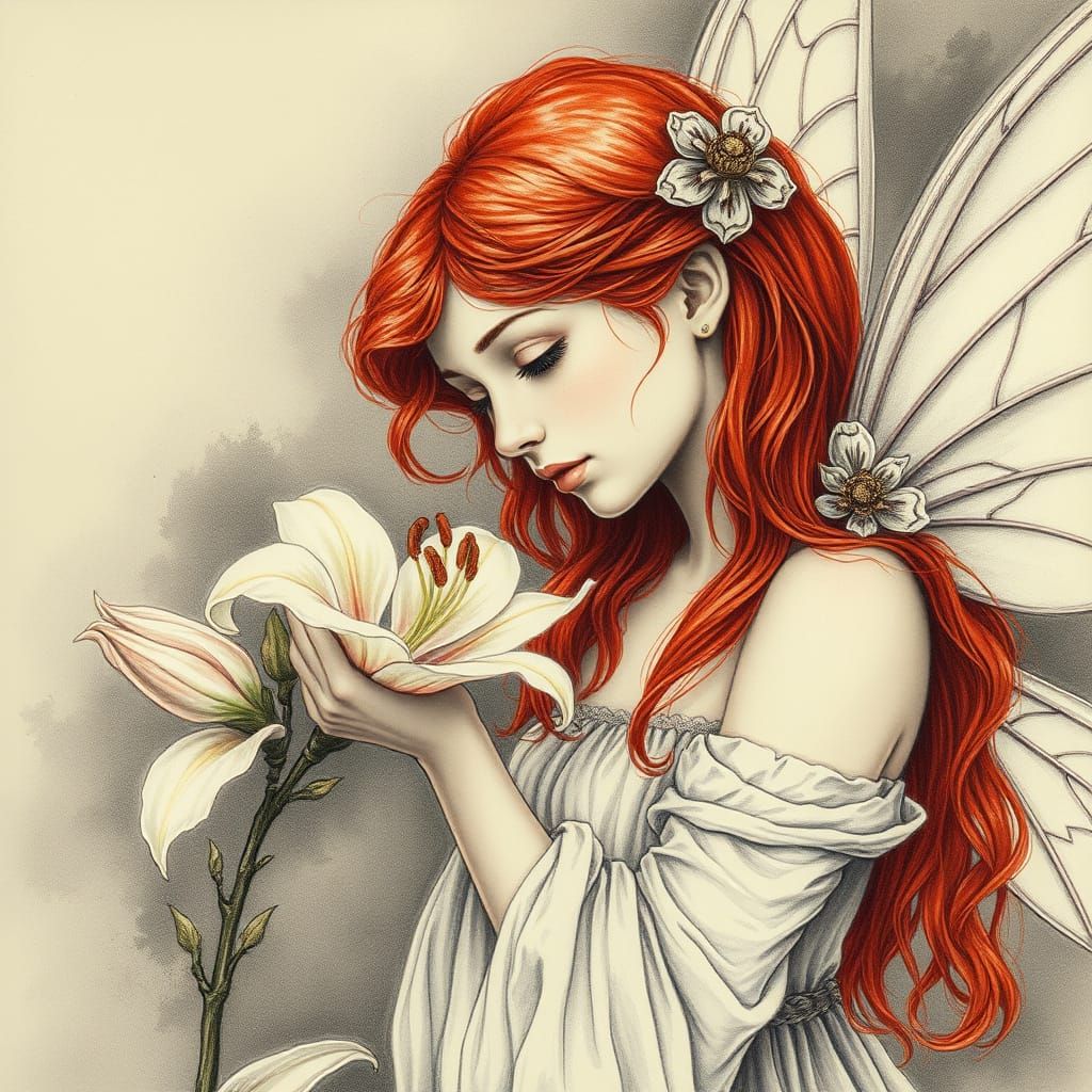 Spring Fairy with Red Hair Smelling Lily in Charcoal Style